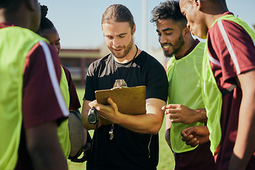 Image showing Sports strategy, talking and men in rugby for teamwork, fitness planning or training schedule. Together, field and diversity with group of athlete people with a coach for conversation about a game