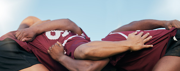 Image showing Sports, teamwork and scrum with people on field for challenge, championship and rugby match. Fitness, performance and goal with group of athletes in stadium for game, support and commitment on banner