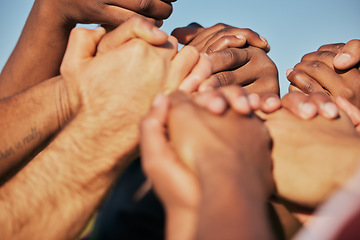 Image showing Closeup, teamwork and people holding hands, cooperation and support with empowerment. Diversity, group and friends with activity, strong together and motivation with union, human and collaboration