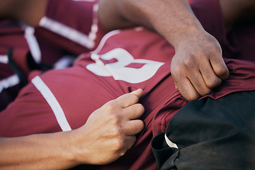 Image showing Rugby, teamwork and scrum with people on field for challenge, hands and sports match. Fitness, performance and goal with closeup of group of athletes in stadium for game and training together