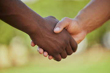 Image showing People, diversity and handshake in meeting, partnership or deal for agreement in outdoor nature. Closeup of sports team shaking hands in thank you, introduction or greeting together in support