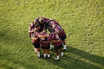 Image showing Top view, soccer and teamwork with huddle, exercise and fitness with support, wellness and motivation. Group, players or friends with exercise, health or commitment with collaboration and competition