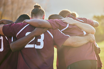 Image showing Support, soccer and team with huddle, fitness and exercise with wellness, healthy activity and cooperation. Group, people and friends with motivation, field and training with competition or workout