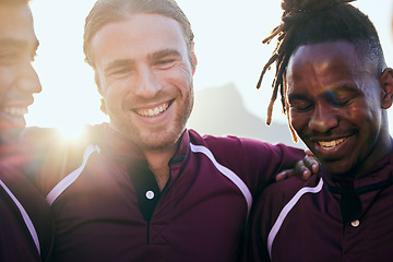 Image showing Happy, sports and teamwork with people and hug for health, challenge and competition. Support, community and rugby match with group of men training in stadium for fitness, friends and games together