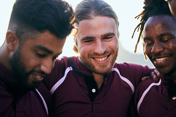 Image showing Friends, sports and teamwork with people and hug for health, challenge and competition. Support, community and rugby match with group of men training in stadium for fitness, happy and games together