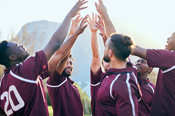 Image showing High five, sports celebration and happy team, rugby group or men solidarity support, teamwork or victory. Winner motivation, success cheers or player celebrate goal together for competition win