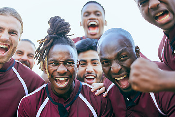 Image showing Rugby, sports team portrait and excited scream for teamwork, athlete community support or winning game. Crazy group energy, winner motivation and face of happy people shout for champion success win