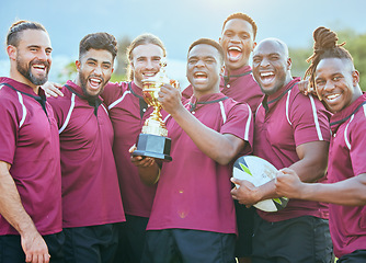 Image showing Trophy, sports team portrait and celebrate rugby teamwork, achievement or winning game, match or tournament competition. Prize winner, group pride and excited people happy for success achievement