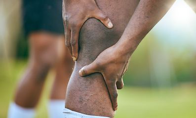Image showing Knee injury, legs and sports person massage joint pain from outdoor competition, fitness challenge or workout fatigue. Training mistake, athlete burnout and closeup player with broken bone of anatomy