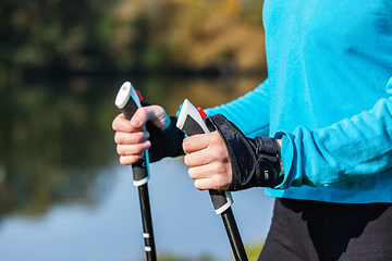 Image showing Closeup of woman's hand with nordic walking poles