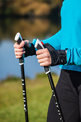 Image showing Closeup of woman's hand with nordic walking poles