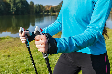 Image showing Closeup of woman's hand with nordic walking poles