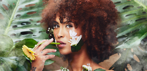 Image showing Skincare portrait, flowers and nature woman with eco product, facial makeup and natural cosmetics, beauty or self care. Face design, dermatology and non binary person with creative floral aesthetic