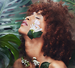 Image showing Flowers, nature freedom or beauty woman face with eco product, natural makeup or facial art design, cosmetic or glow. Wellness, spa salon or relax person with floral aesthetic, blossom or spring care