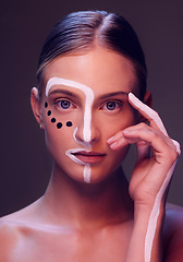 Image showing Neon light, makeup and portrait of woman in studio with creative, beauty and abstract aesthetic. Cosmetic, art and headshot of young female model from Canada with facial paint by black background.