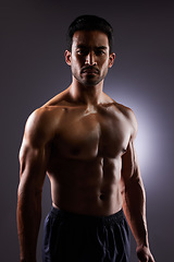 Image showing Topless, muscle and portrait of Asian man in dark background for fitness inspiration, beauty aesthetic or healthy body. Shadow aesthetic, male sports model or muscular body builder in studio lighting