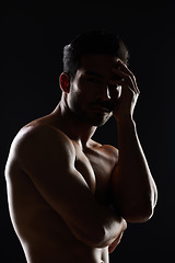 Image showing Portrait, body and muscle of man in studio isolated on black background. Face, strong and serious athlete, bodybuilder and person workout, exercise or training in sports for health, power or fitness