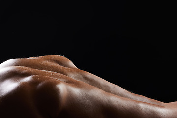 Image showing Back, sweat and athlete or skin of man in workout, exercise or body builder with strong, muscle in pushup for health. Dark, background and texture or anatomy of person with fitness from training