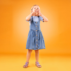 Image showing Wow, news and girl child in studio with announcement, message or screaming information on orange background. Shout, deal and kid with hand emoji gesture for voice, opinion or choice, gossip or promo