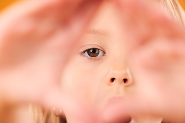 Image showing Girl kid, triangle hands and studio portrait with shock, excited and sign language by yellow background. Female child, pyramid icon and face with frame, wow and closeup for diamond, symbol or emoji