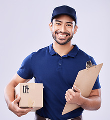 Image showing Smile, portrait and delivery man with boxes, and clipboard for transport for ecommerce supplier product. Package, logistics and happy courier person on white background for online sales and services.