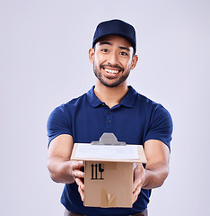 Image showing Clipboard, portrait and delivery man with box in hand in studio, transport for ecommerce stock product. Package, logistics and happy courier person on white background for online sales and services.