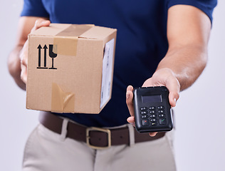 Image showing Hand, payment and delivery man with box in studio, safe transport for ecommerce product and banking. Package, logistics and courier person on white background with pos device for sales and services.