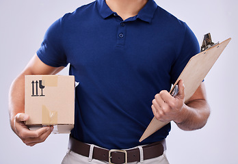 Image showing Clipboard, hands and delivery man with box in studio, transport for ecommerce supplier product. Package, logistics and documents, courier person on white background for sales and services invoice.