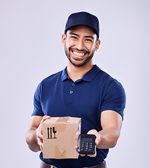 Image showing Smile, portrait and delivery man with box, payment and safe transport for ecommerce product in studio. Package, logistics and happy courier person on white background with pos for sales and services.