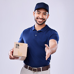 Image showing Portrait happy man, delivery box and hand shake gesture for greeting, hello or shipping product, export or mail container. Supply chain package, welcome handshake or studio person on white background