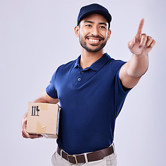 Image showing Studio, shipping box and delivery man press intercom, button and export sales product, retail stock or mail container. Supply chain, post package or happy person with push gesture on white background