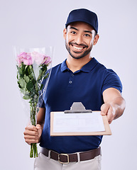 Image showing Portrait, flower bouquet courier and delivery man with clipboard, paperwork and shipping product, stock or export sale. Floral order, distribution service invoice or studio person on white background