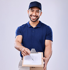 Image showing Signature, portrait and delivery man with box in studio, transport for ecommerce product. Package, logistics and documents to sign, happy courier person on white background for sales and services.