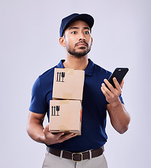 Image showing Phone, shipping box and delivery man problem, crisis and export mistake of retail sales product, stock or mail. Supply chain error, smartphone and confused studio person worried on white background