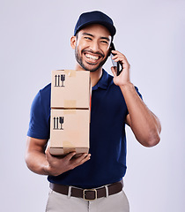 Image showing Phone call, shipping box and happy delivery man on conversation, studio discussion or talk to courier contact. Distribution service, cellphone communication or supply chain person on white background