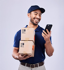 Image showing Phone, studio box and laughing delivery man reading online shopping, funny retail info or commercial export sale. Supply chain package, cellphone meme or funny distribution person on white background