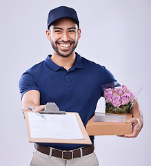 Image showing Delivery portrait, flower bouquet or happy man with clipboard paperwork for signature, service agreement or shipping. Floral order invoice, Valentines Day present or studio person on white background