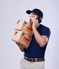 Image showing Phone call, shipping box and delivery man stress, conversation or studio discussion about late export. Courier distribution crisis, fail and person talk on cellphone communication on white background