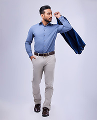 Image showing Fashion, confident and business man with jacket in studio for formal, style or attitude on grey background. Fashionable, stylish and male manager in a formal suit with ambitious, mindset or empowered