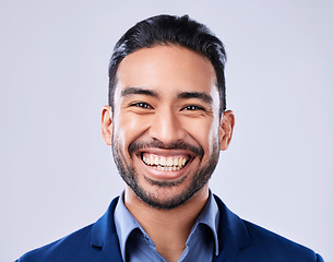 Image showing Face, lawyer and happy business man in studio isolated on a white background. Professional attorney, portrait and confident employee worker, legal advocate and Mexican advisor in law firm for career