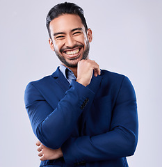 Image showing Happy, studio portrait or professional man, real estate agent or Asian businessman smile for career, work or business job. Corporate profile picture, happiness or friendly realtor on white background