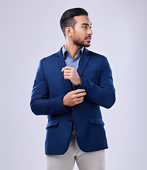 Image showing Fashion, business and man in studio with style, suit and confident, mindset and attitude on grey background space. Fashionable, stylish and asian male entrepreneur with formal, clothes or aesthetic