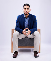 Image showing Portrait, lawyer and business man on chair in studio isolated on a white background mockup space. Professional, attorney or confident worker, legal advocate and Mexican advisor in law firm for career