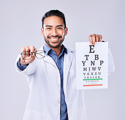 Image showing Man, glasses and eye chart of optometrist in portrait at studio isolated on white background. Face, spectacles and happy ophthalmologist with snellen test document for vision, healthcare or wellness