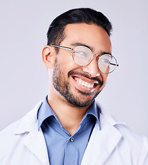 Image showing Happy, smile and man doctor in a studio with glasses for vision, eye care and wellness. Pride, confidence and headshot of an Indian male healthcare professional with spectacles by white background.