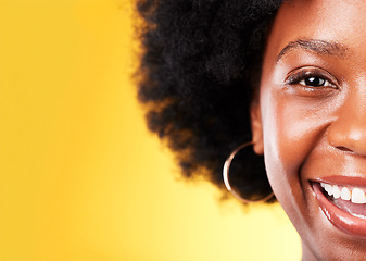 Image showing Half, face and black woman smile with skincare mockup for beauty, cosmetics or marketing in studio background. Happy, portrait and natural makeup, eyebrow microblading and advertising makeover