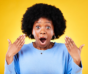 Image showing Surprise, excited and portrait of a woman in studio with good news, mouth open and wow emoji. Face of a black person or winner on a yellow background for announcement, shock and facial review