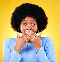 Image showing Surprise, hands on mouth and portrait of a woman in studio with news, shock and wow. Face of a black person on a yellow background for announcement, gossip and facial emoji for secret or speechless