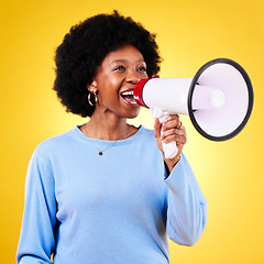 Image showing Happy woman, loudspeaker or megaphone to shout in studio for voice or announcement. African model person with speaker for broadcast message, breaking news or protest communication or speech