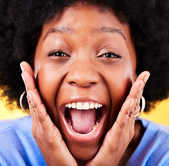 Image showing Closeup of excited, surprise and portrait of black woman on yellow background for good news, wow and happy. Emoji, winner and face of person with big smile for announcement, winning and omg in studio